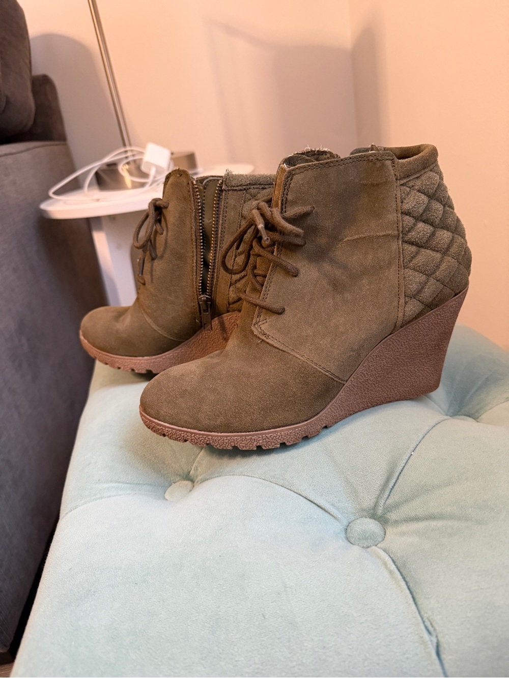 MIA Olive Green Suede Quilted Wedge Ankle Boots